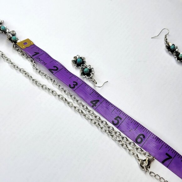 Silver Turquoise Rhinestone Flower Bib Necklace - Picture 16 of 16